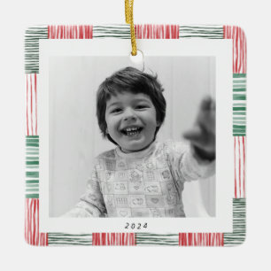 Red Green Watercolor Stripes Pattern One Photo Ceramic Ornament