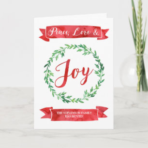 Red Green Watercolor Wreath Christmas New Address Holiday Card