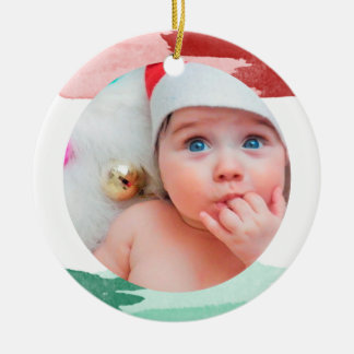 Red & Green Watercolour - My First Jul - Photo Ceramic Tree Decoration