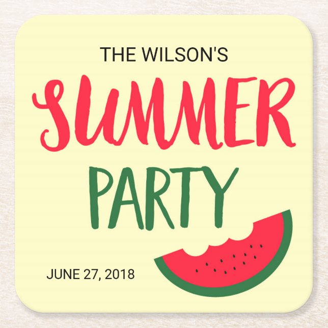 Red Green Watermelon Summer Party Square Paper Coaster (Front)