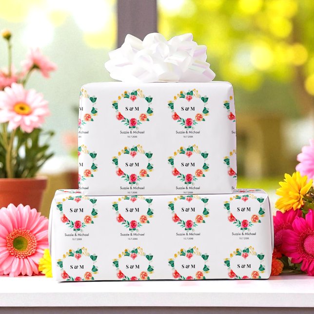 Red Green Wedding Heart Floral Wrapping Paper (Creator Uploaded)