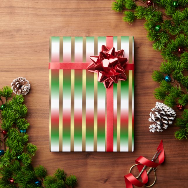 Red Green White And Gold Stripes Christmas Wrapping Paper (Holiday Gift)