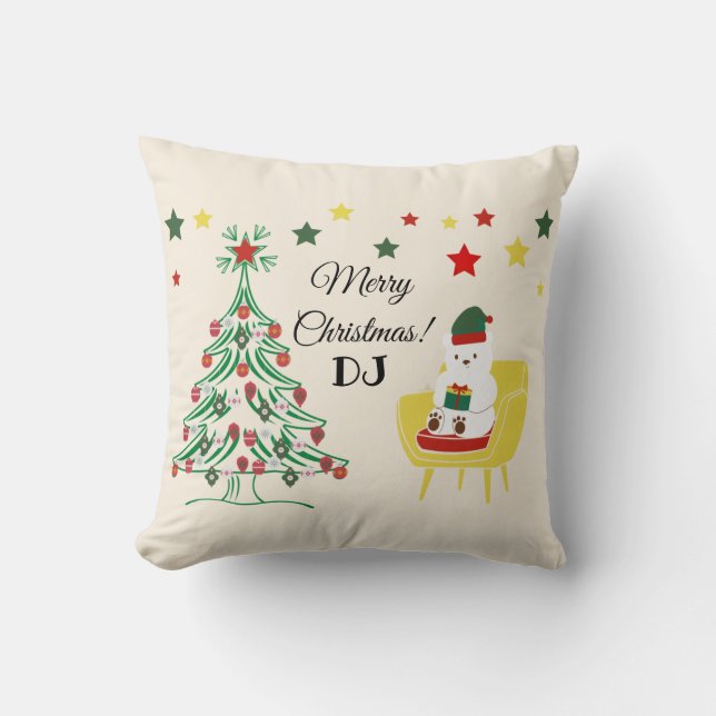 Red Green White Bear Tree Monogram Merry Christmas Cushion (Front)