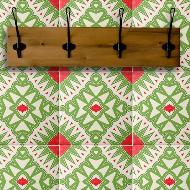 Red Green White Bohemian Geometric Mosaic Pattern Tile (Creator Uploaded)