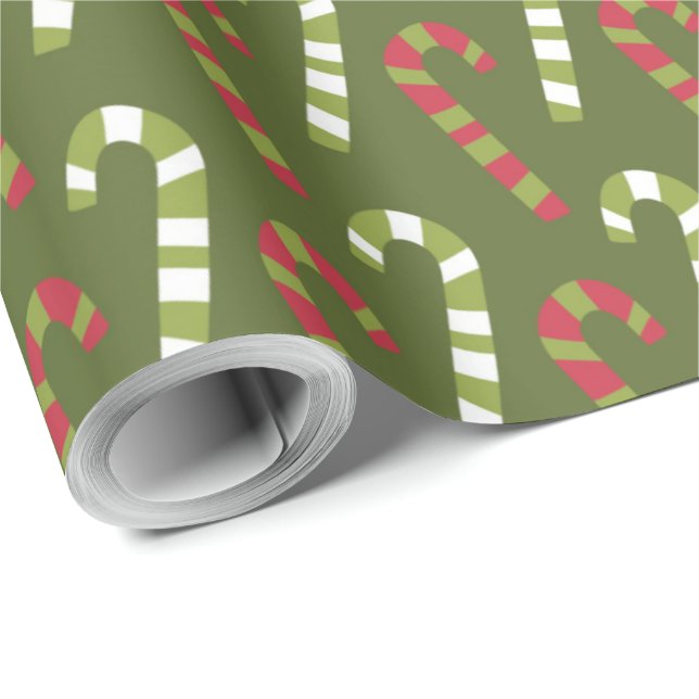 Red Green White Candy Canes with Green Backing  Wrapping Paper (Roll Corner)