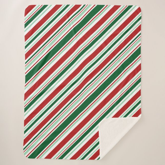 Red, Green, White Christmas Candy Stripes Sherpa Blanket (Front)