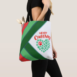 Red, Green & White Christmas Heart Dog Paw  Tote Bag