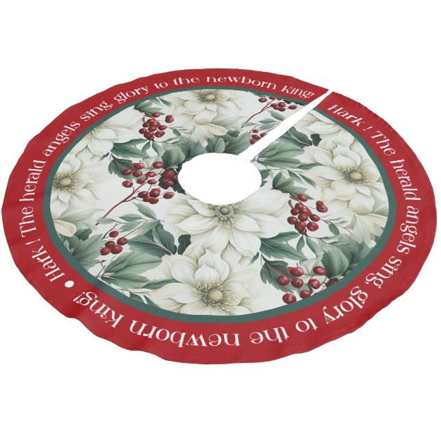 Red Green White Christmas Pointsettia  Brushed Polyester Tree Skirt (Angled)