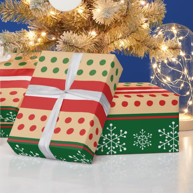 Red Green White Christmas Snowflakes Polka Dots Wrapping Paper (Holidays)
