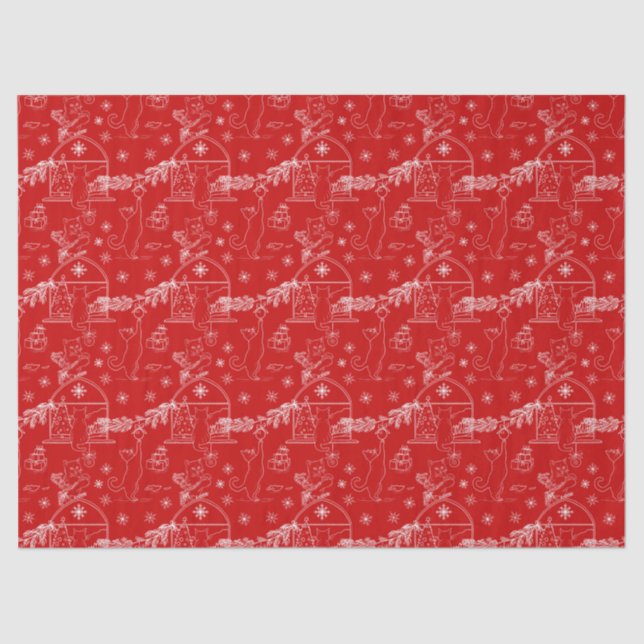 Red green & white Christmas winter cats Tissue Paper (Front)