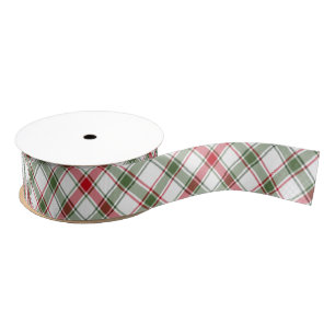 Red Green White Diagonal Plaid 1.5 Inch  Grosgrain Ribbon