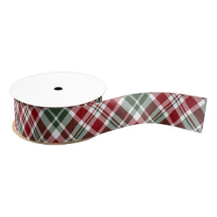 Red Green White Diagonal Plaid 1.5 Inch Grosgrain Ribbon