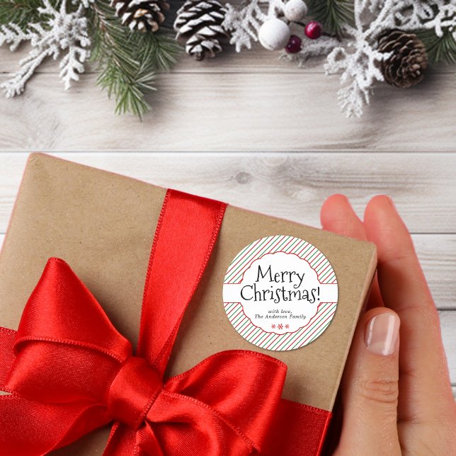 Red Green White Diagonal Stripe Holiday Gift Label (Elegant Minimal Red and Green Candy Cane Stripes Classic Round Sticker)