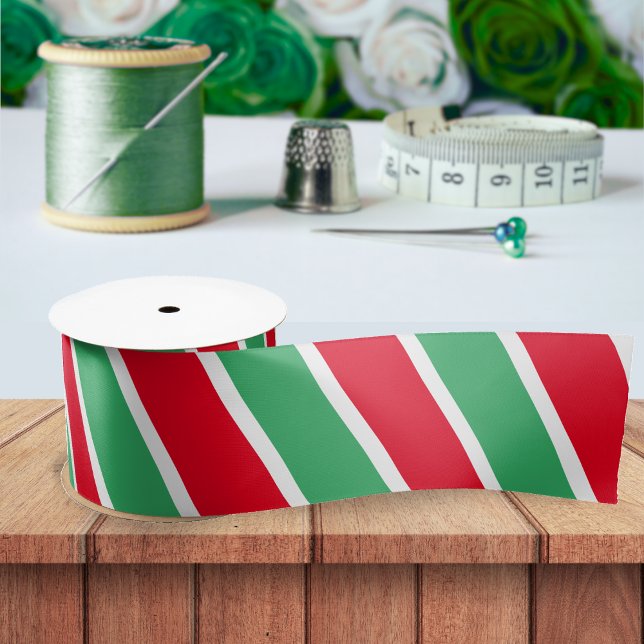 Red Green & White Diagonal Striped Christmas Satin Ribbon (red green and white striped Christmas ribbon)