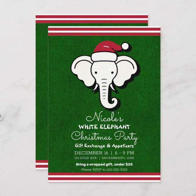 Red Green White Elephant Gift Swap Christmas Party Invitation (Front/Back)