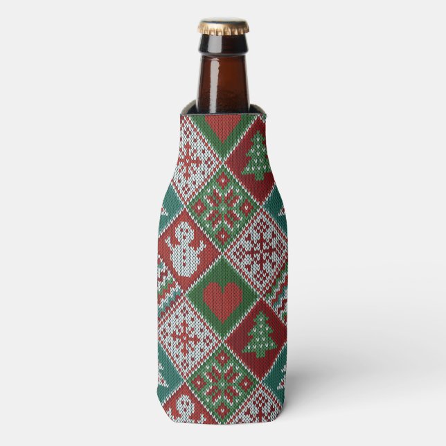 Red Green White Faux Knit Christmas Pattern Bottle Cooler (Bottle Front)
