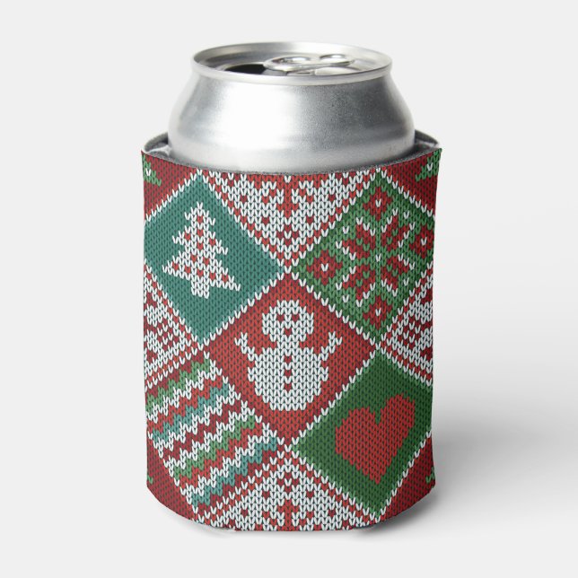 Red Green White Faux Knit Christmas Pattern  Can Cooler (Can Front)