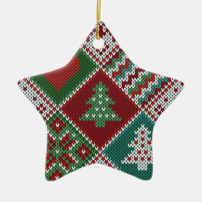 Red Green White Faux Knit Christmas Pattern Ceramic Tree Decoration (Front)