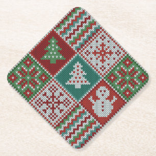 Red Green White Faux Knit Christmas Pattern Paper Coaster