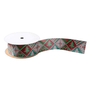 Red Green White Faux Knit Christmas Pattern Satin Ribbon