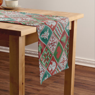 Red Green White Faux Knit Christmas Pattern Short Table Runner