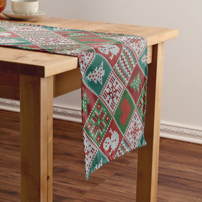 Red Green White Faux Knit Christmas Pattern  Short Table Runner (In Situ)