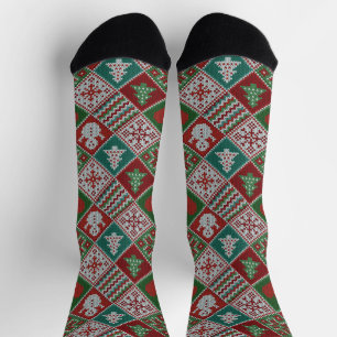 Red Green White Faux Knit Christmas Pattern Socks