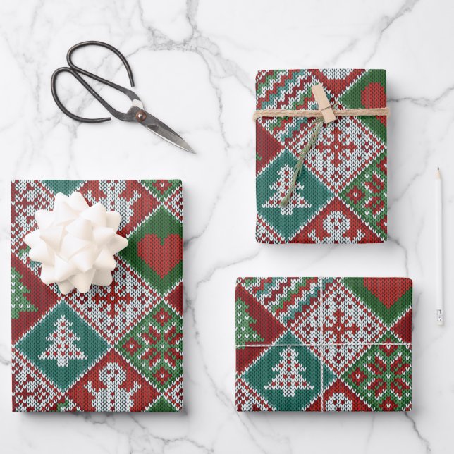 Red Green White Faux Knit Christmas Pattern Wrapping Paper Sheet (Front)
