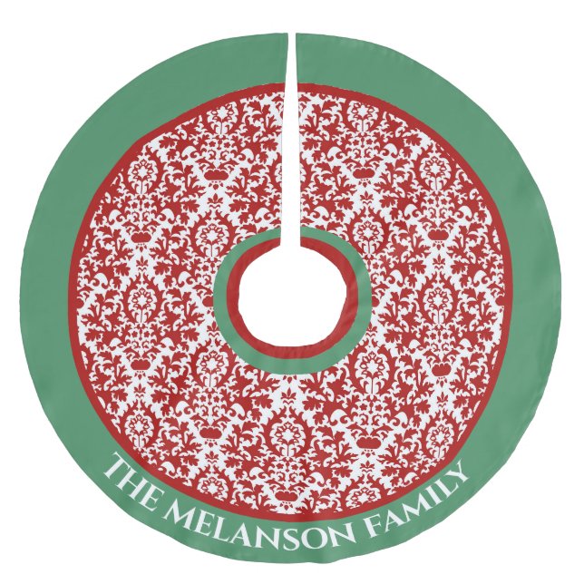 Red Green White Floral Damask Christmas Tree Skirt (Front)