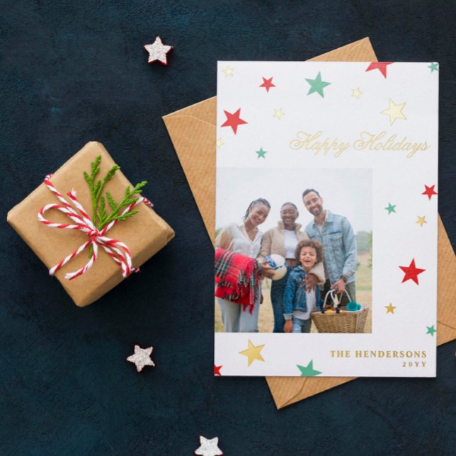 Red Green White Gold Stars Photo Happy Holidays Foil Holiday Card (Creator Uploaded)