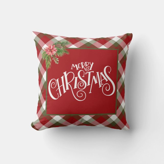 Red Green White Holiday Plaid - Merry Christmas  Cushion (Front)