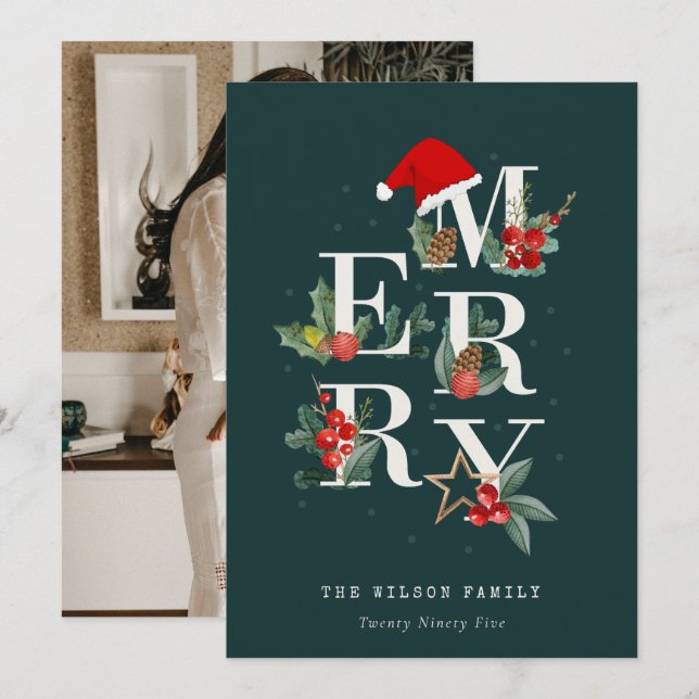 Red Green White Merry Christmas Foliage Photo Holiday Card (Front/Back)