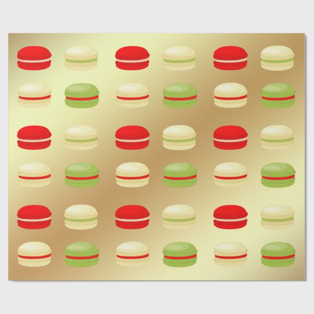 Red Green White on Gold Christmas French Macarons Wrapping Paper (Flat)