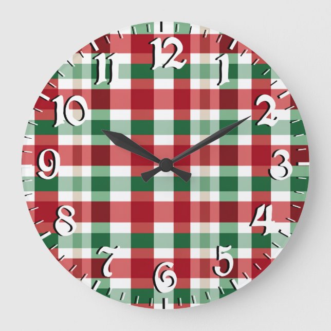 Red Green White Plaid Cheerful Rustic Homestyle Large Clock (Front)