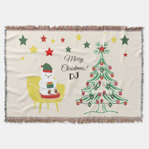 Red Green White Star Bear Monogram Merry Christmas Throw Blanket