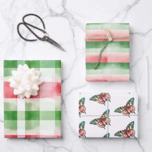 Red Green White Stripes Birthday Wrapping Paper Sheet
