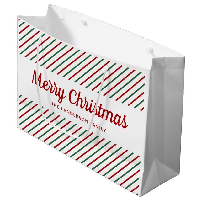 Red Green White Stripes Merry Christmas  Large Gift Bag (Front Angled)