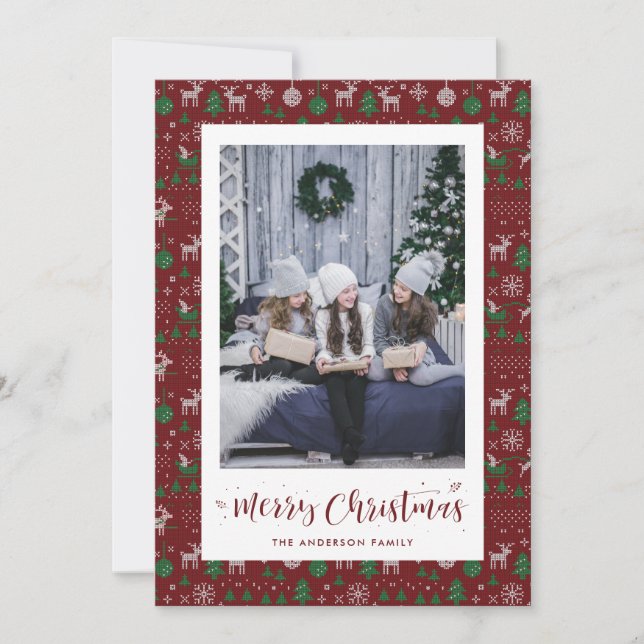 Red Green White Ugly Sweater Photo Christmas Cards (Front)