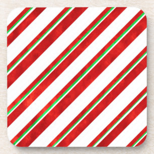 Red Green White Watercolor Candy Cane Stripes  Coaster