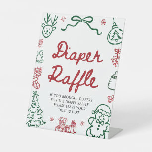 Red Green Winter Baby Shower Diaper Raffle Game Pedestal Sign