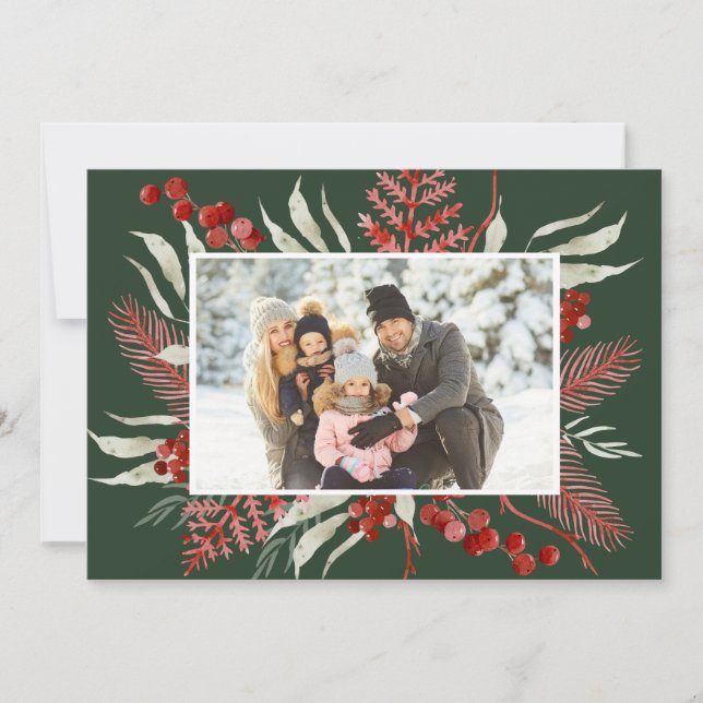 Red Green Winter Botanical Christmas Photo Holiday Card (Front)