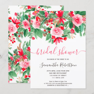 Red green winter floral watercolor bridal shower invitation
