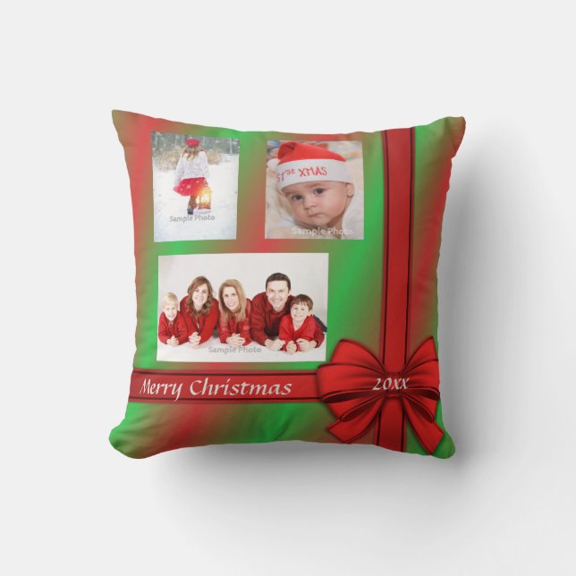 Red Green Wrapped Gift Christmas Photo Pillow (Front)