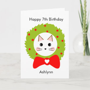 Red Green Wreath Bow Cat Christmas Birthday Card