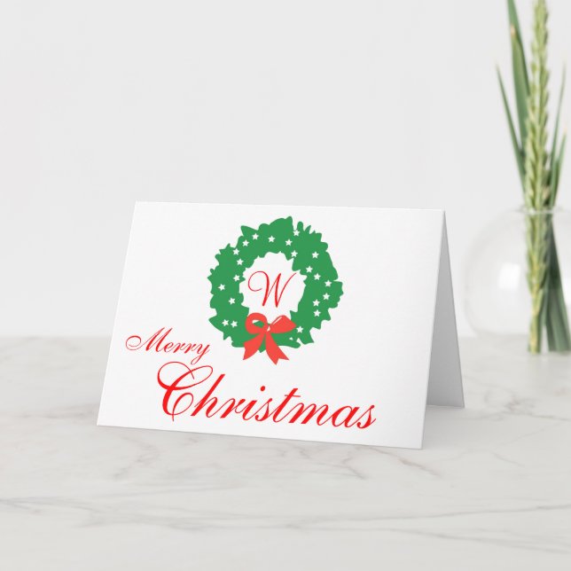 Red Green Wreath Monogram Merry Christmas Cards (Front)