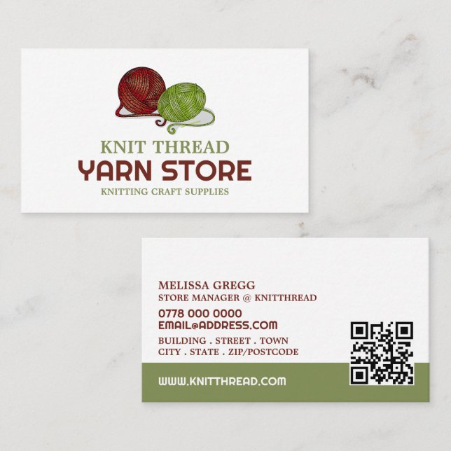 Red & Green Yarn, Knitting Store, Yarn Store Business Card (Front/Back)