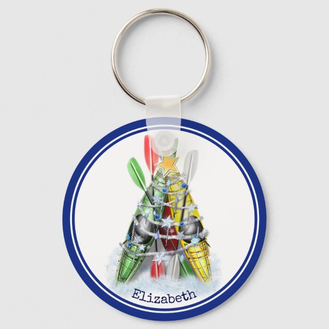 red green yellow Kayak Christmas Tree personalized Key Ring (Front)