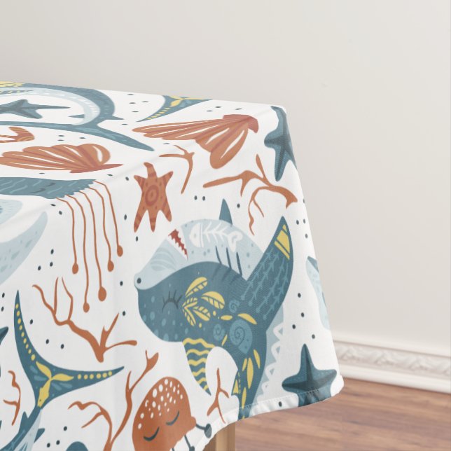 Red Green Yellow Shark Shell Starfish Jellyfish Tablecloth (In Situ)