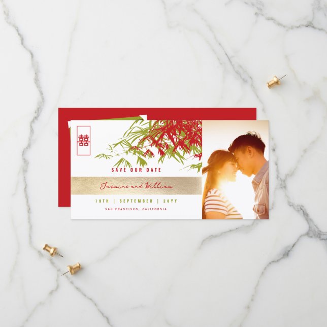 Red Green Zen Bamboo Leaves Photo Chinese Wedding Save The Date (Front/Back In Situ)
