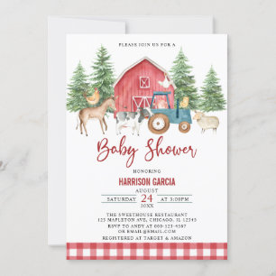 Red Greenery Barnyard Farm Animals Baby Shower Invitation